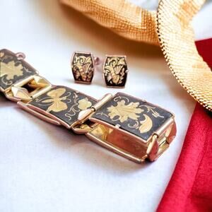 Vintage Amita Japan Damascene Bracelet & Earrings - Exquisite Mixed Metal Inlay